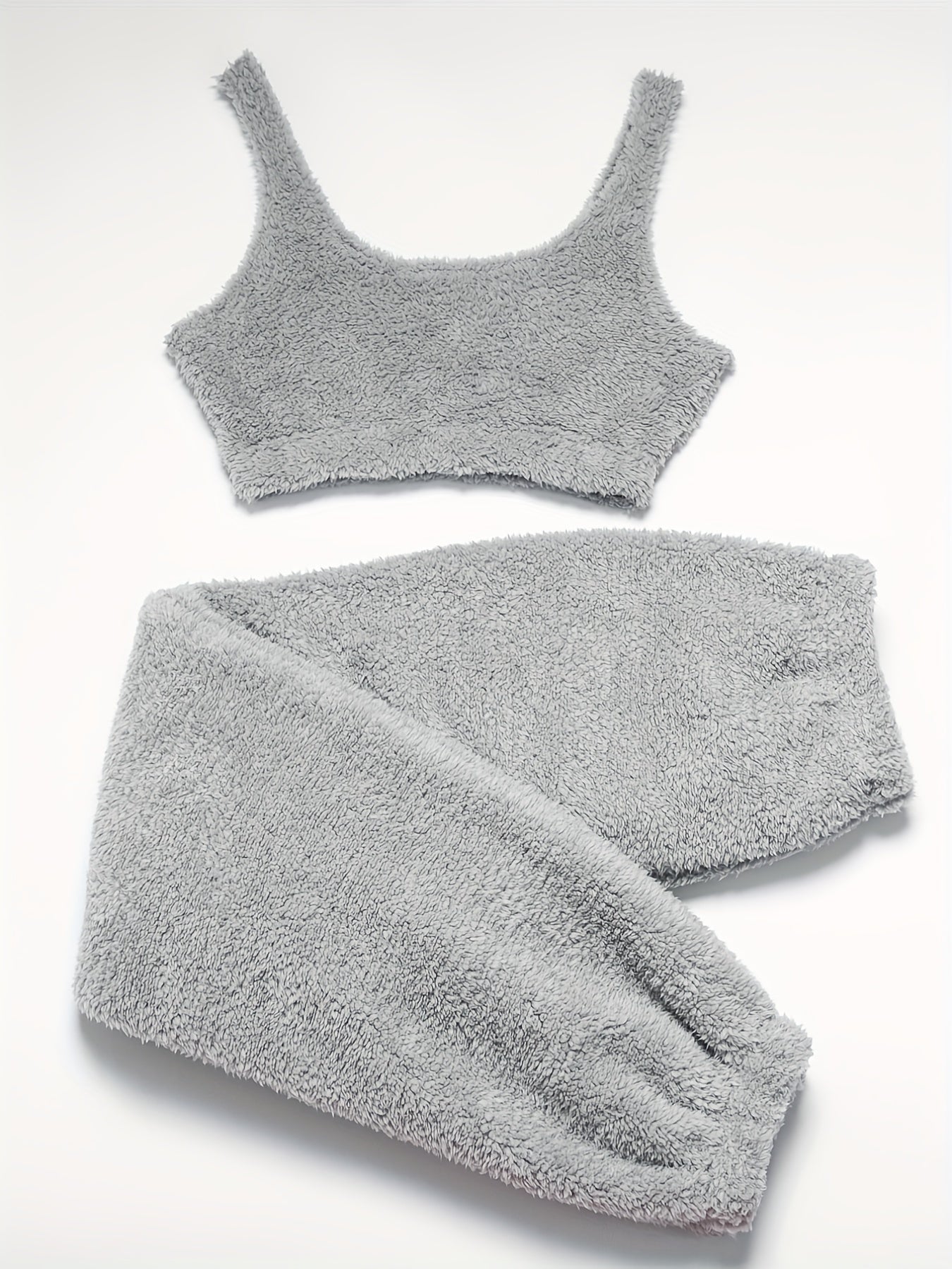 Cozy Solid Fuzzy Lounge Set - Soft Micro Elastic Polyester Tank Crop Top & Elastic Waistband Pants for Women - Machine Washable, Casual Fall/Winter Loungewear & Sleepwear for Adult